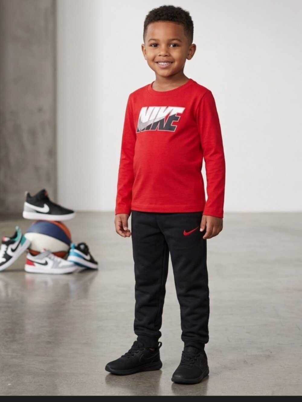 Nike Boys 2-Piece Long Sleeve Red Shirt & Black Jogger Set Size 7